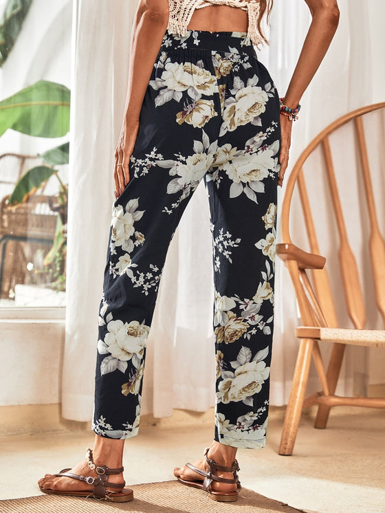 Floral Print Paperbag Waist Belted Pants