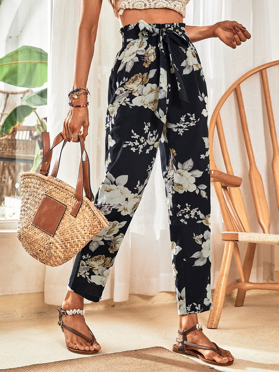 Floral Print Paperbag Waist Belted Pants