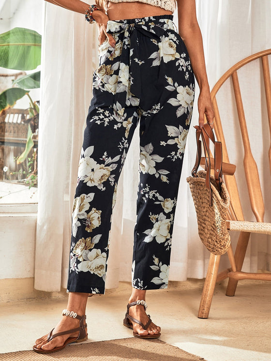 Floral Print Paperbag Waist Belted Pants