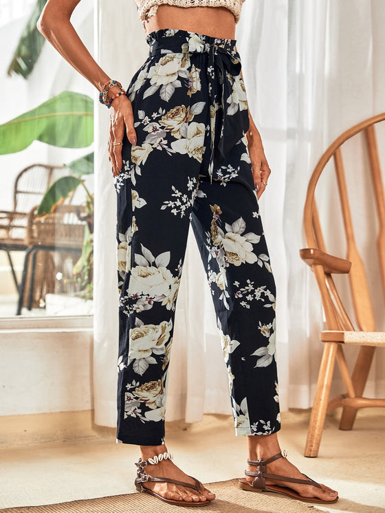 Floral Print Paperbag Waist Belted Pants