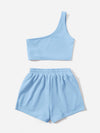 Solid One Shoulder Top Drawstring Shorts Set