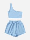 Solid One Shoulder Top Drawstring Shorts Set