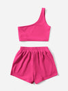 Solid One Shoulder Top Drawstring Shorts Set