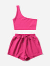 Solid One Shoulder Top Drawstring Shorts Set