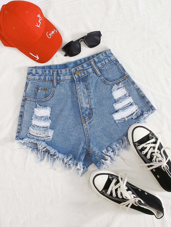 Plus Distressed Raw Hem Denim Shorts
