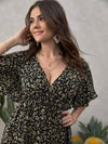 Plus Ditsy Floral Surplice Neck Butterfly Sleeve A line Dress