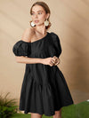 Asymmetrical Neck Puff Sleeve Ruffle Hem Smock Dress