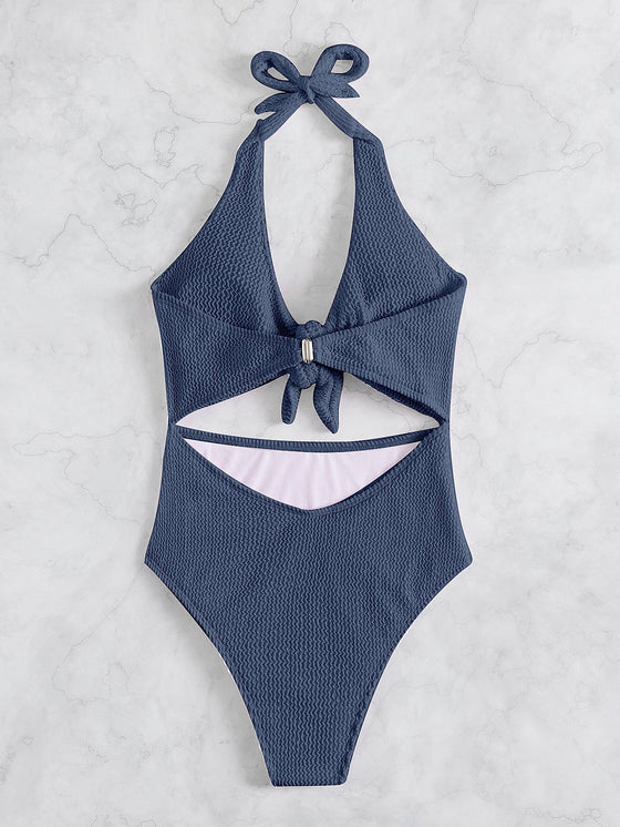 Textured Knot Front One Piece Swimsuit