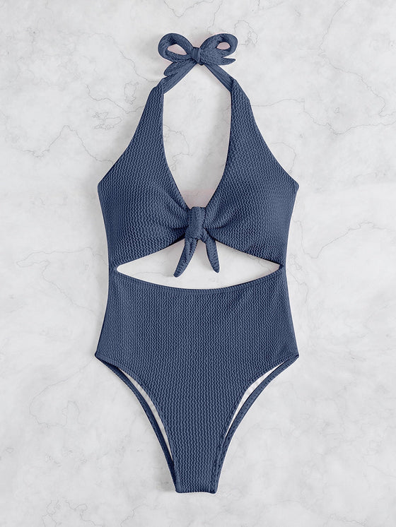 Textured Knot Front One Piece Swimsuit