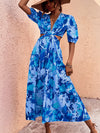 Allover Floral Print Cut Out Puff Sleeve Dress