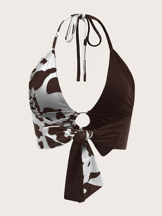 Cow Print O ring Ruched Tie Backless Crop Halter Top
