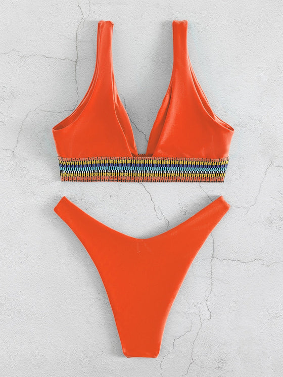 Contrast Trim High Cut Bikini Swimsuit