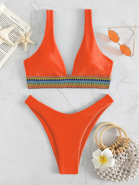 Contrast Trim High Cut Bikini Swimsuit