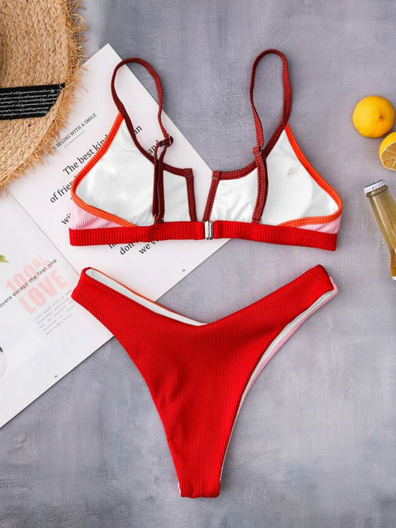 Rib Contrast Binding Bikini Swimsuit