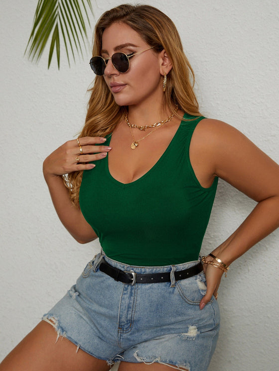 Plus Rib Knit Scoop Neck Solid Tank Top