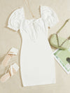 Sweetheart Neck Puff Sleeve Knot Front Frill Trim Bodycon Dress