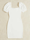 Sweetheart Neck Puff Sleeve Knot Front Frill Trim Bodycon Dress