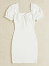 Sweetheart Neck Puff Sleeve Knot Front Frill Trim Bodycon Dress