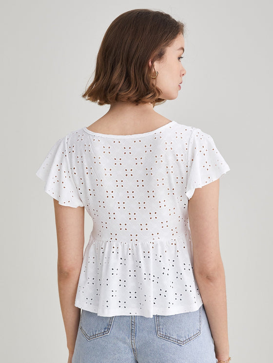 Frenchy Eyelet Embroidery Ruffle Hem Tee