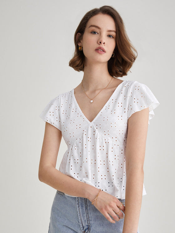 Frenchy Eyelet Embroidery Ruffle Hem Tee