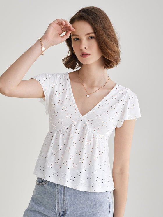Frenchy Eyelet Embroidery Ruffle Hem Tee