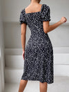 Ditsy Floral Tie Front Square Neck Puff Sleeve Slit Thigh Dress