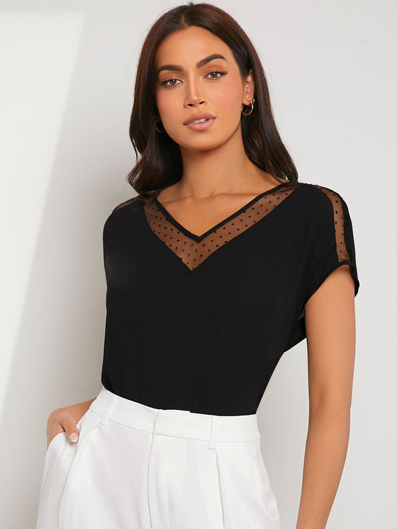 Dobby Mesh Insert Batwing Sleeve Top