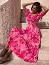 Allover Floral Print Cut Out Puff Sleeve Dress