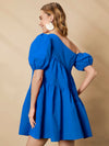 Asymmetrical Neck Puff Sleeve Ruffle Hem Smock Dress