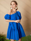 Asymmetrical Neck Puff Sleeve Ruffle Hem Smock Dress