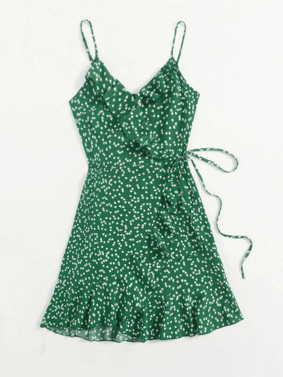 Allover Heart Print Ruffle Detail Wrap Cami Dress