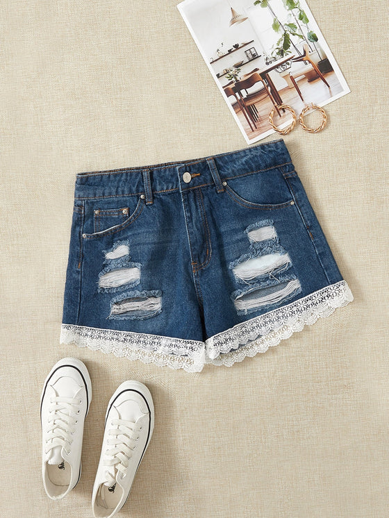 Ripped Lace Hem Denim Shorts Without Belt