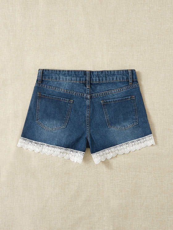 Ripped Lace Hem Denim Shorts Without Belt