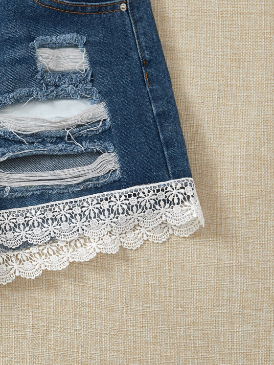 Ripped Lace Hem Denim Shorts Without Belt