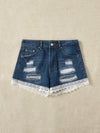 Ripped Lace Hem Denim Shorts Without Belt