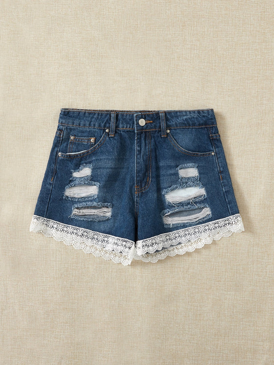 Ripped Lace Hem Denim Shorts Without Belt