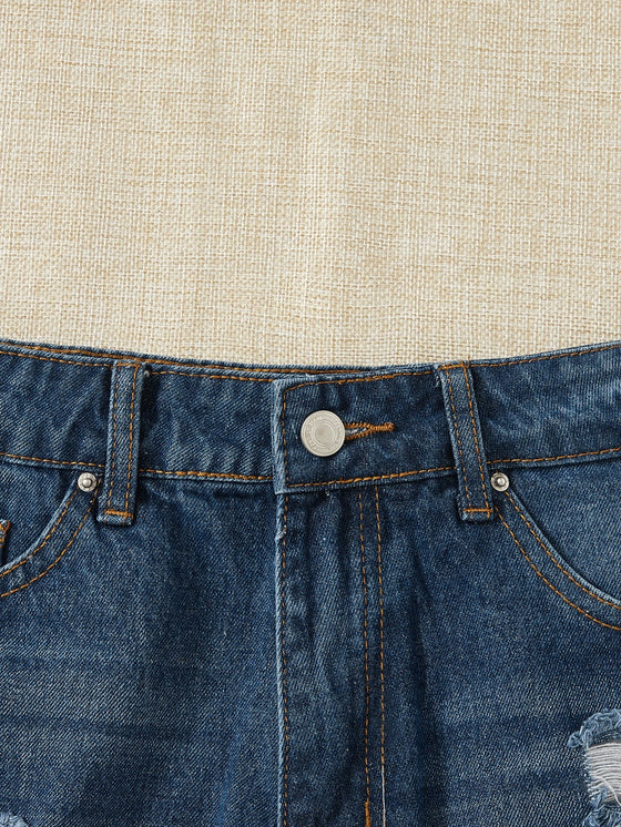 Ripped Lace Hem Denim Shorts Without Belt