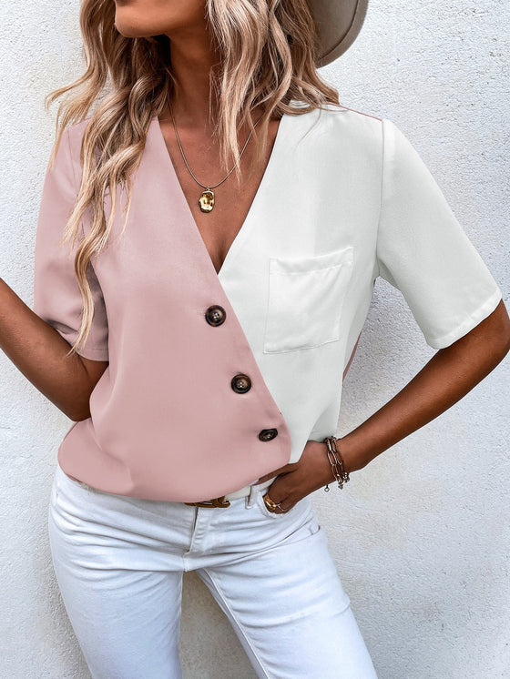 Two Tone Patched Pocket Blouse