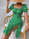 Ditsy Floral Tie Front Square Neck Puff Sleeve Slit Thigh Dress