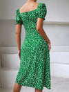 Ditsy Floral Tie Front Square Neck Puff Sleeve Slit Thigh Dress