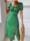 Ditsy Floral Tie Front Square Neck Puff Sleeve Slit Thigh Dress