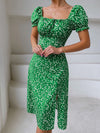 Ditsy Floral Tie Front Square Neck Puff Sleeve Slit Thigh Dress