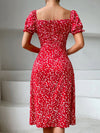 Ditsy Floral Tie Front Square Neck Puff Sleeve Slit Thigh Dress