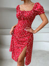 Ditsy Floral Tie Front Square Neck Puff Sleeve Slit Thigh Dress