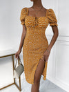 Ditsy Floral Puff Sleeve Knot Front Split Thigh Dress