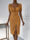 Ditsy Floral Puff Sleeve Knot Front Split Thigh Dress
