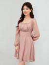 Ruched Bust Lantern Sleeve Swiss Dot Dress