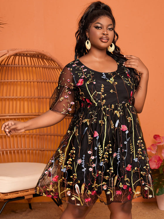 SXY Plus Floral Embroidery Contrast Mesh Flounce Sleeve Dress