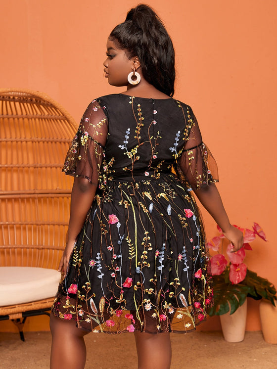 SXY Plus Floral Embroidery Contrast Mesh Flounce Sleeve Dress