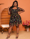 SXY Plus Floral Embroidery Contrast Mesh Flounce Sleeve Dress